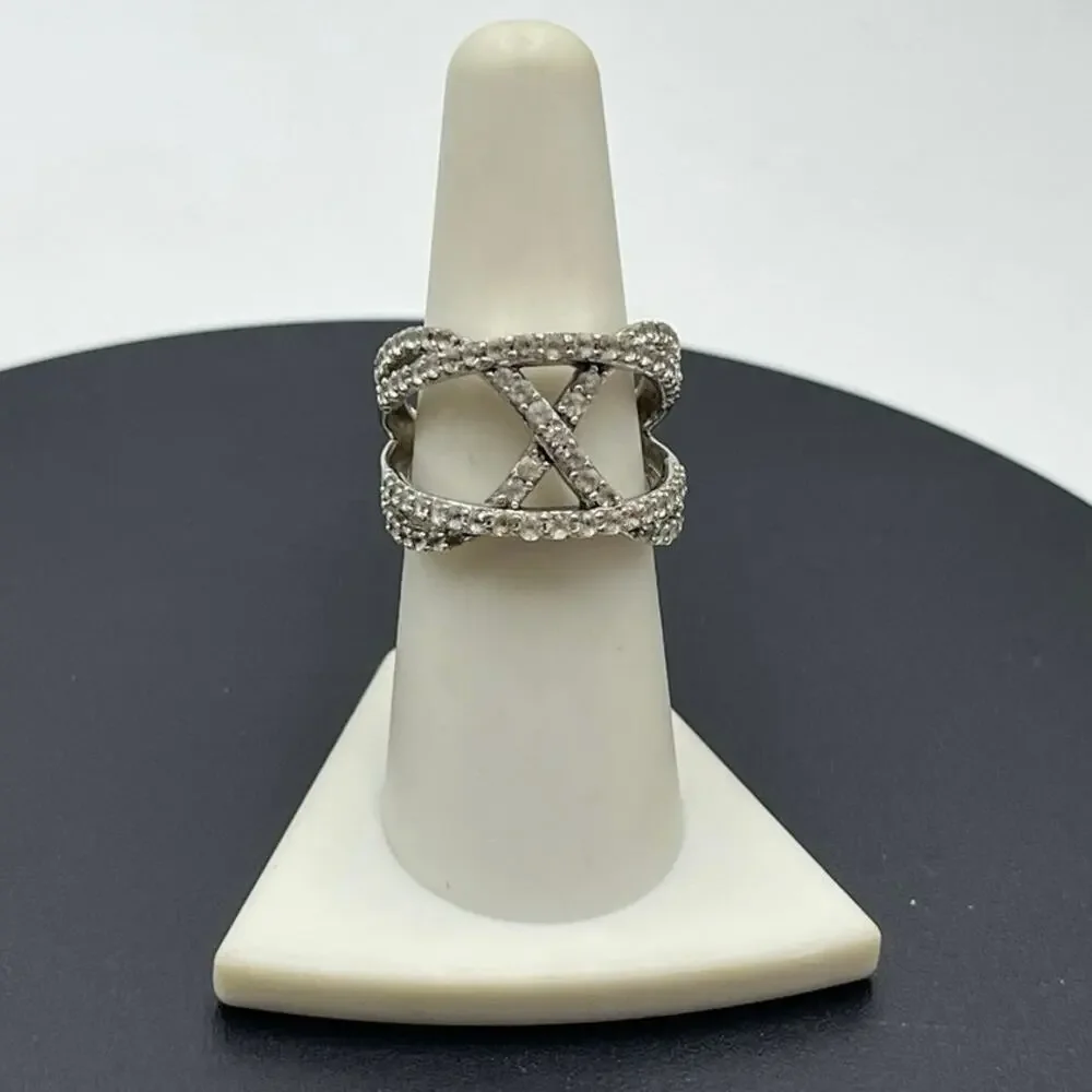 JWBR Sterling Silver White Sapphire Crossover Ring Sz‎ 7.25  Pave Setting 6.6g